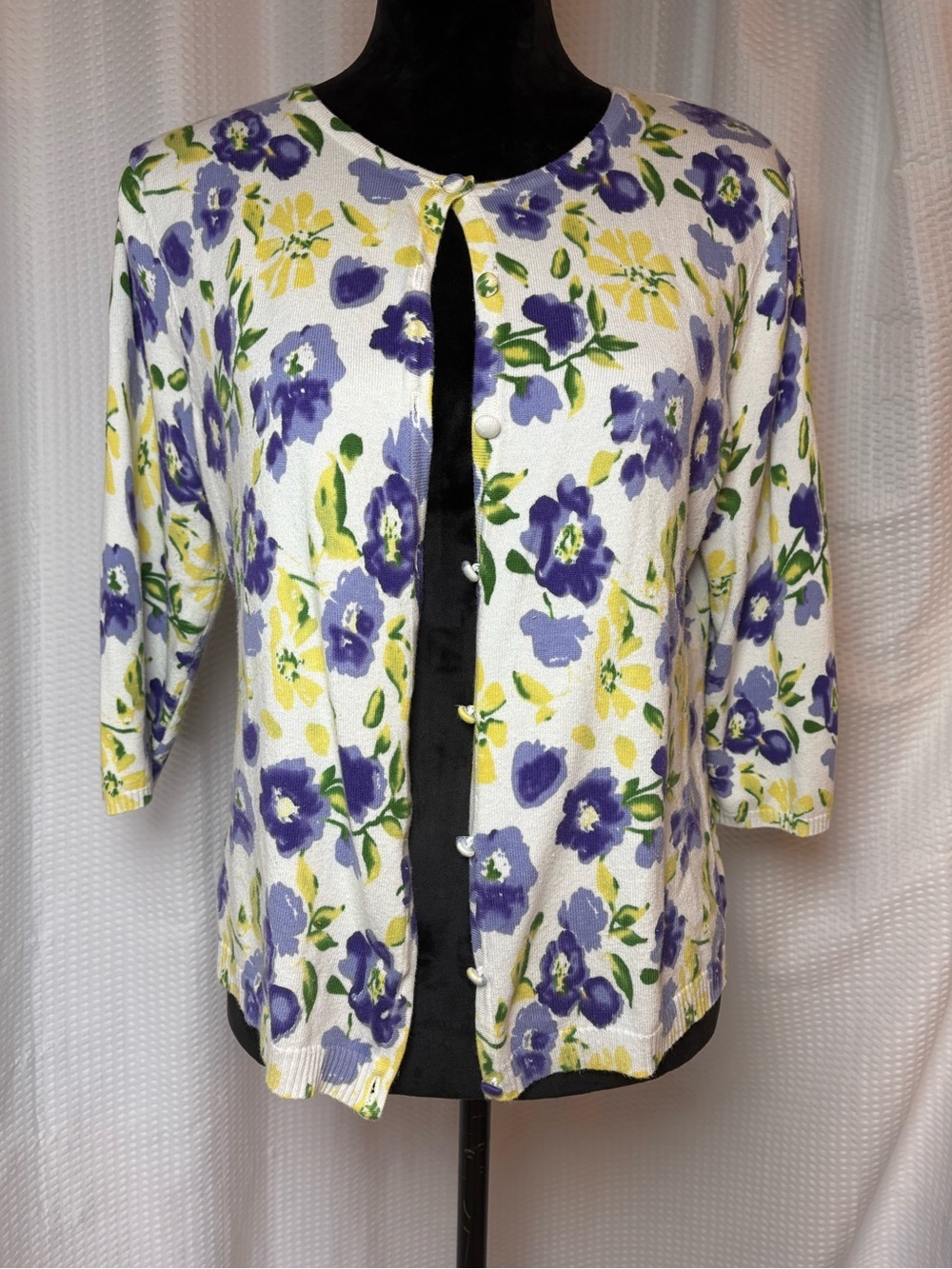 Notations People & Yellow Floral Print  3/4 Sleeve Button Down Cardigan Size PL